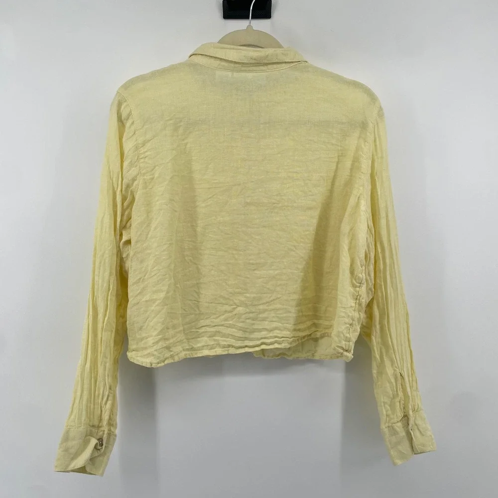 Cynthia‎ Rowley Linen Shirt Womens L Yellow Long Sleeve Cropped Button Down Top
